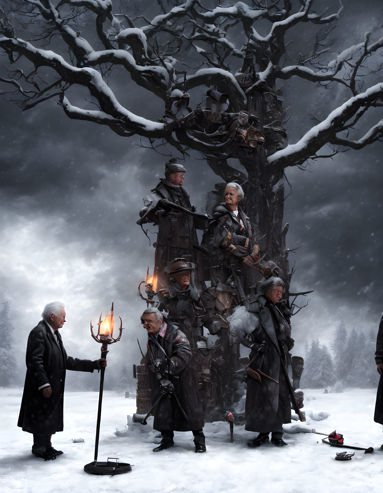 Historical individuals gather around torch-lit sculpture in snowy landscape