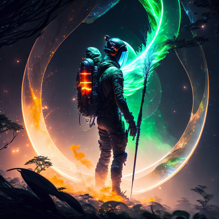 Astronaut with glowing backpack near swirling portal in mystical forest