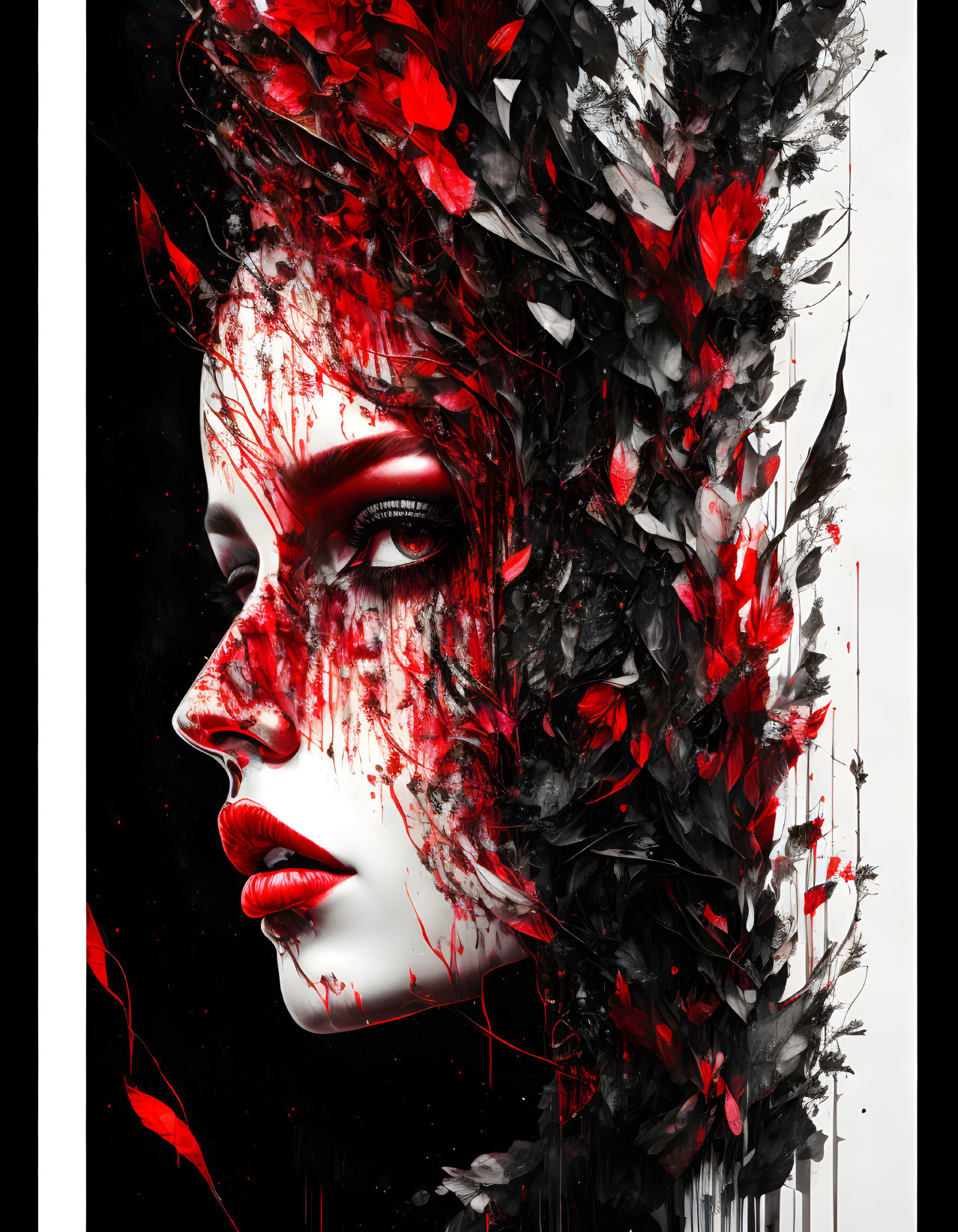 Woman's side profile merged with black and red foliage in art piece.