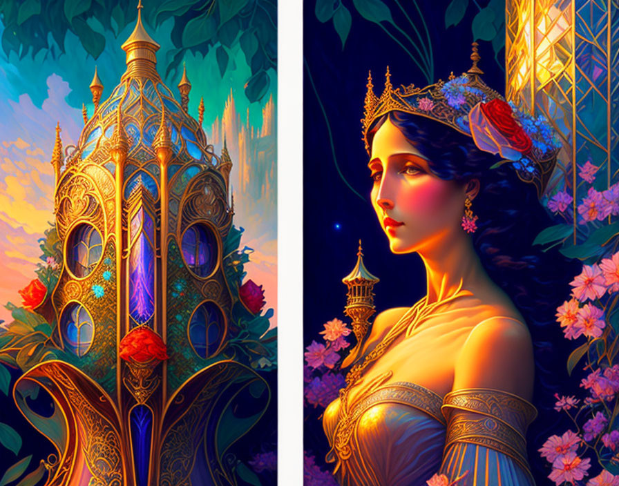 Fantasy castle and queen with floral crown in vibrant illustration