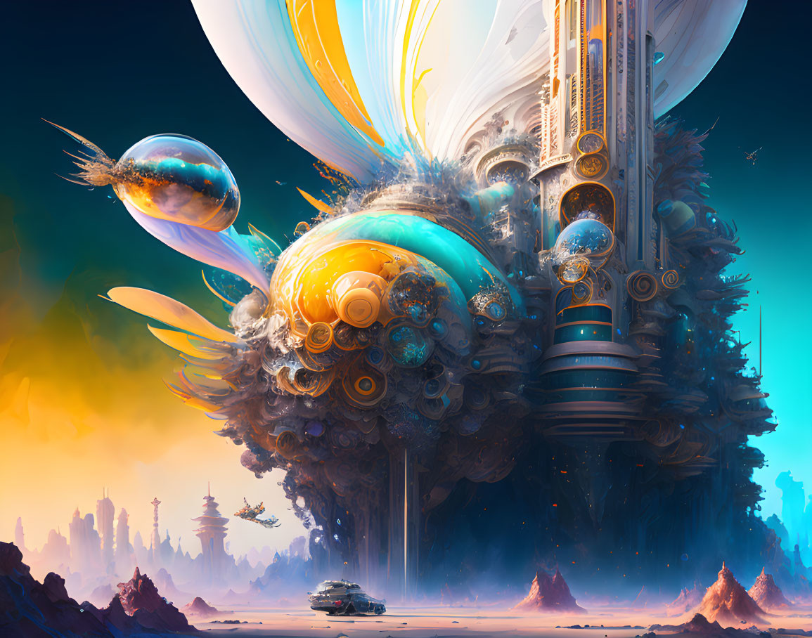 Surreal sci-fi landscape with floating spheres, tower, vehicle, desert surface, vibrant sky