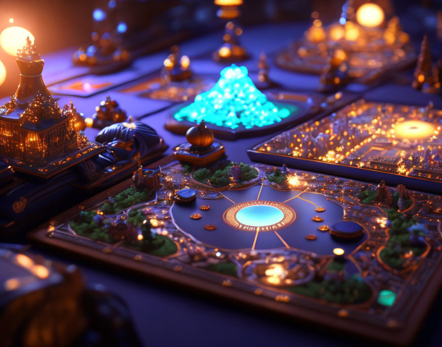 Detailed miniature illuminated city at night with festive ambiance