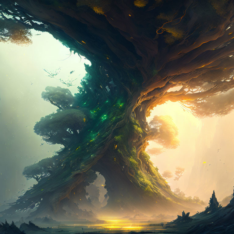 Gigantic luminescent tree in mystical foggy landscape