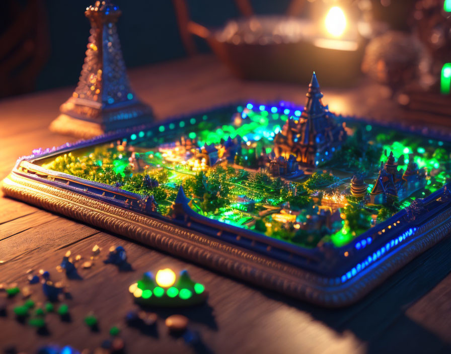 Miniature illuminated buildings and greenery in an open book setting