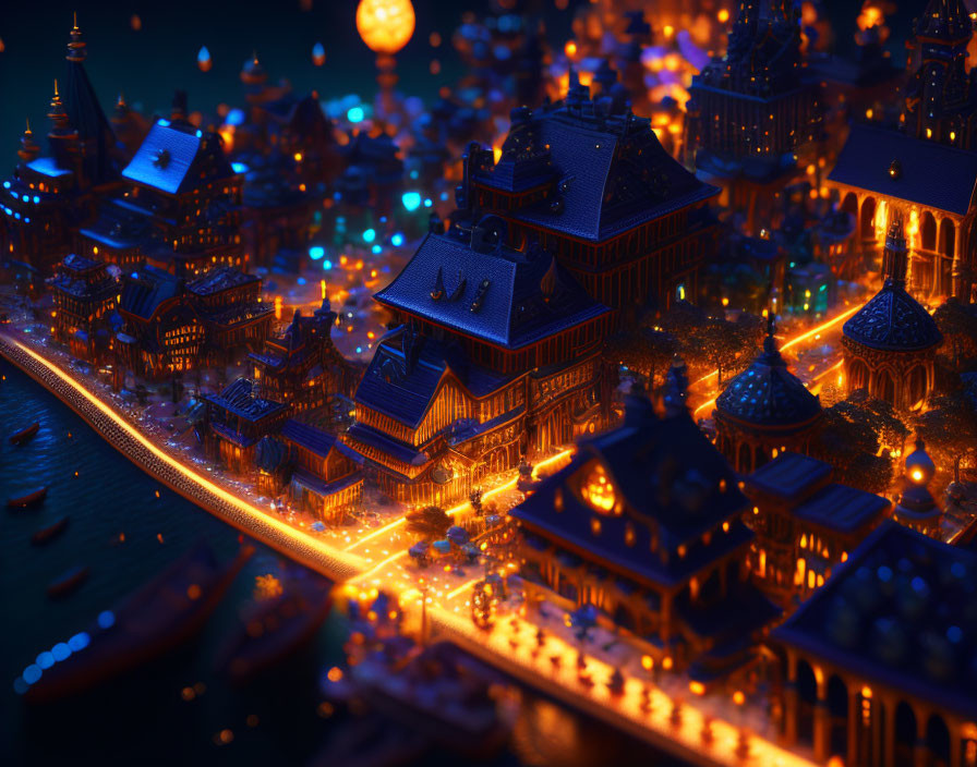 Illuminated fantasy cityscape with traditional buildings and glowing streets