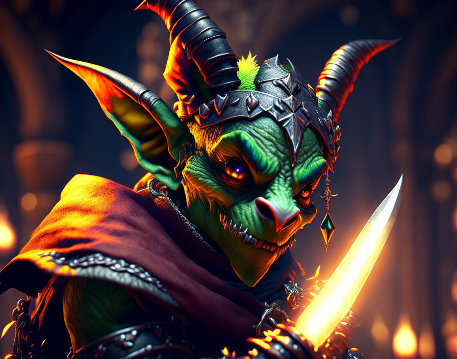 Fantasy goblin character with horns, pointed ears, green skin, spiked armor, and glowing sword