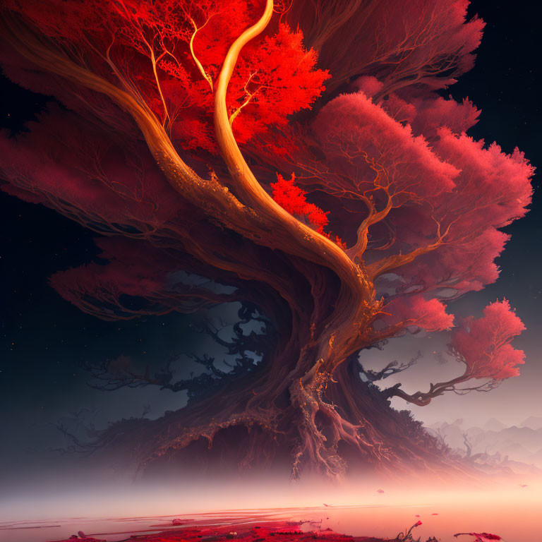 Majestic digital artwork: massive twisted tree with fiery red leaves.