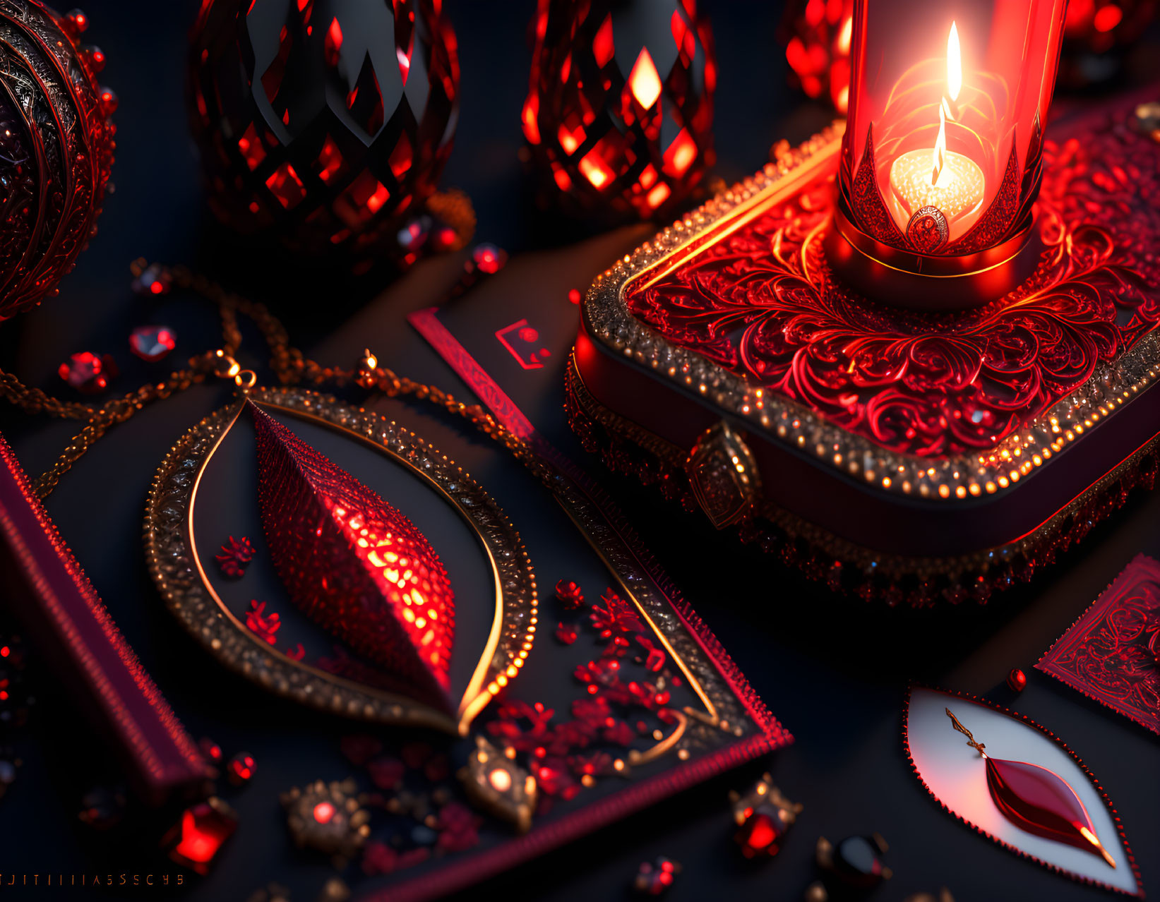 Luxurious Scene with Glowing Red Candle and Ornate Jewelry