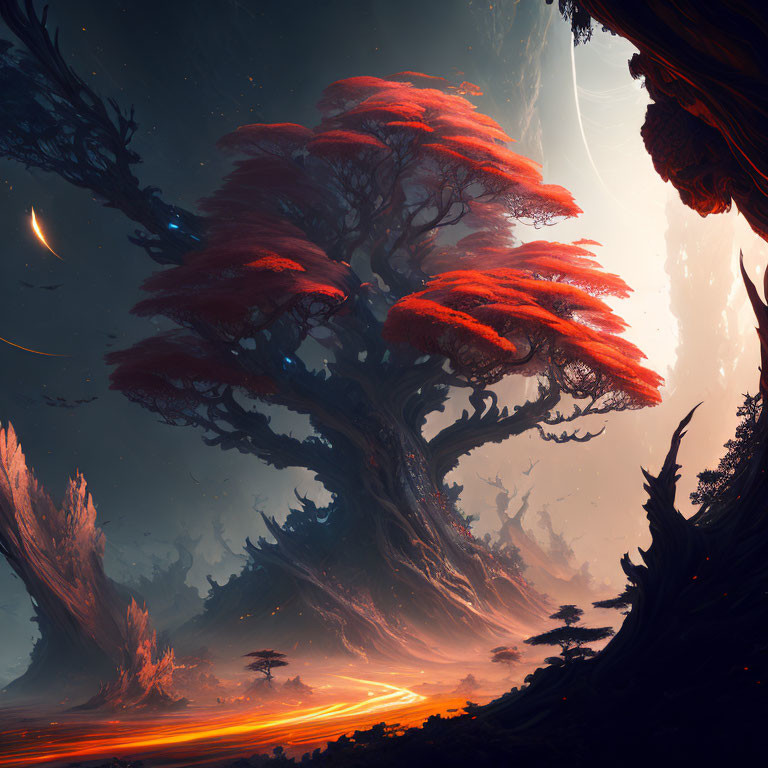 Giant red fantasy tree in surreal fiery landscape