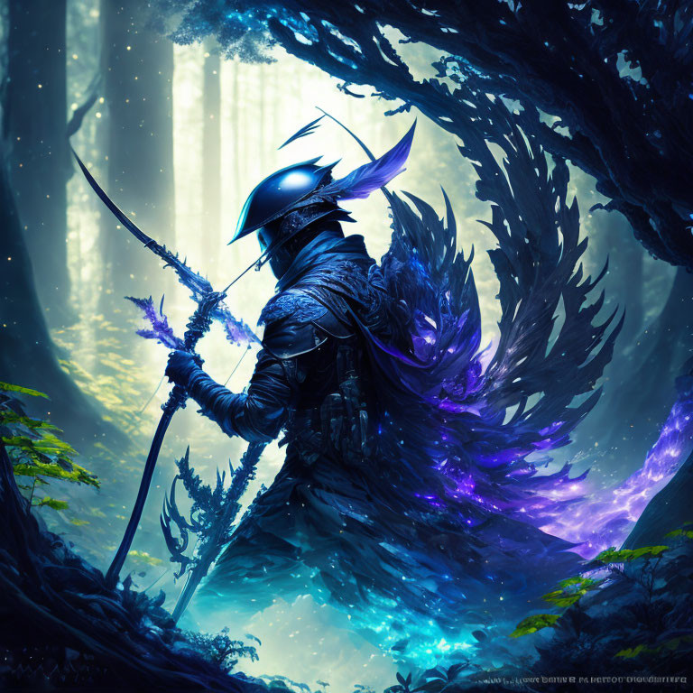 Mystical warrior in feathered cloak with staff in luminous blue forest