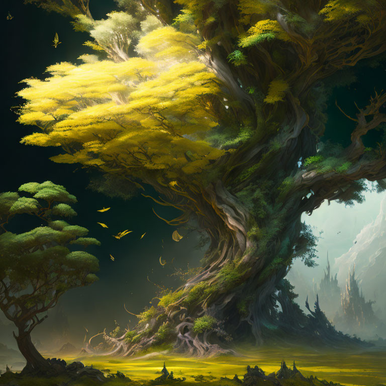 Majestic ancient tree with twisted trunk and yellow foliage in sunlit forest.