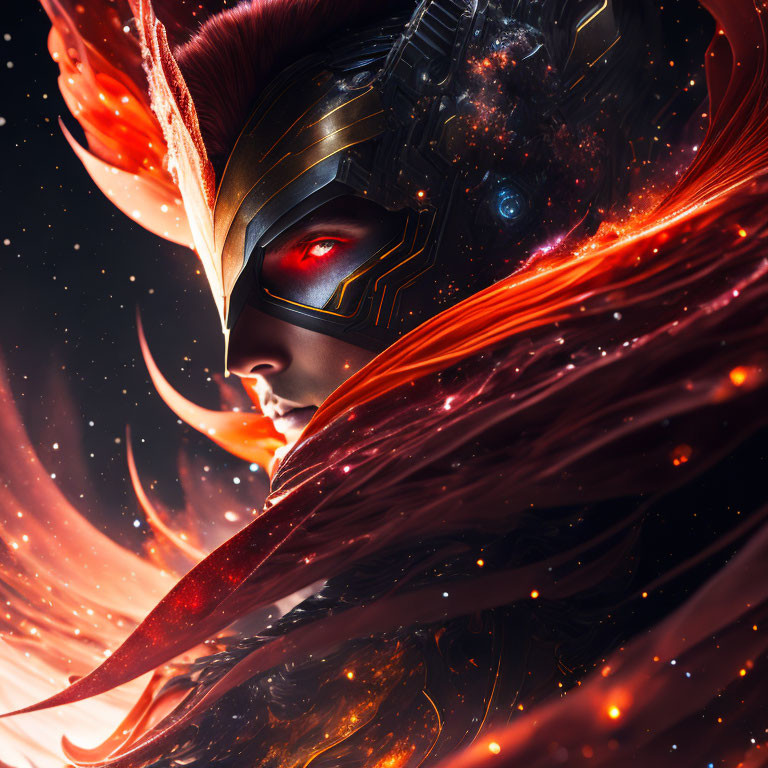 Detailed Digital Artwork: Character with Futuristic Helmet, Glowing Red Eye, Flowing Cape