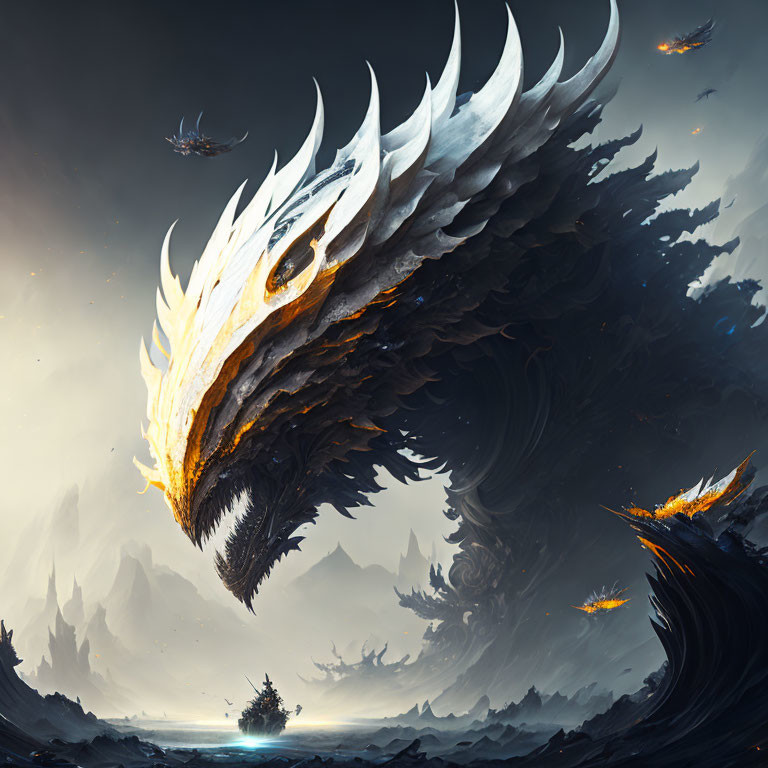 White-feathered dragon with glowing eyes in mystical landscape