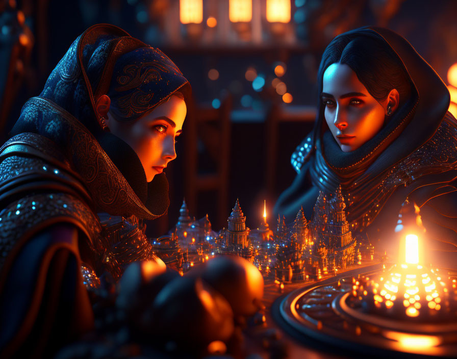 Intense game between two women in mystical setting with candlelight and mini city structures