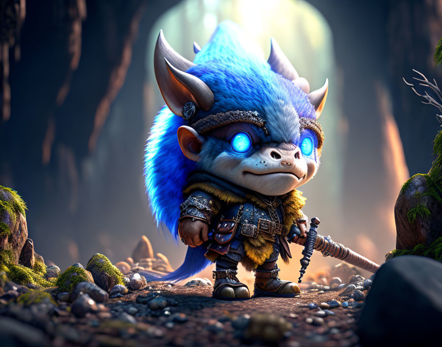 Blue-furred creature with horns and sword in mystical forest