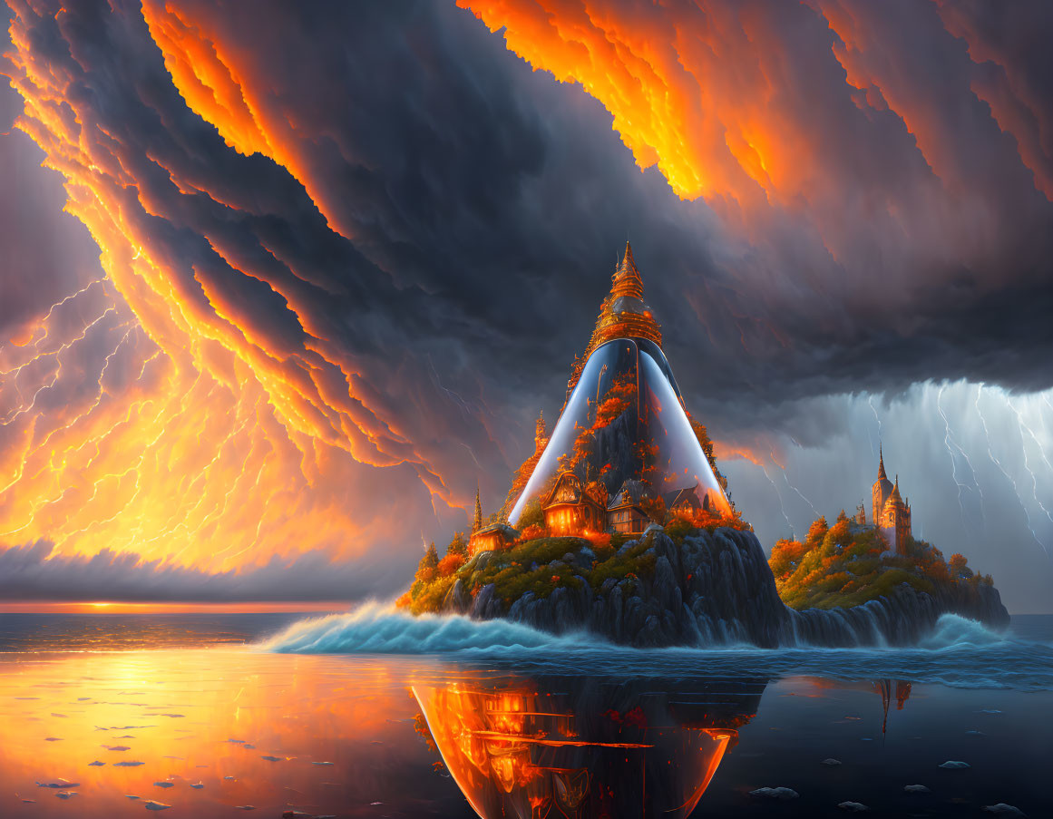 Mythical landscape with twin castles, fiery sky, bridge, and storm