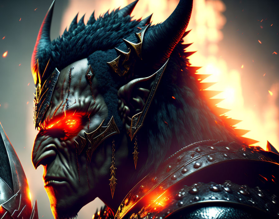 Menacing Fantasy Character with Glowing Red Eyes and Horned Helmet