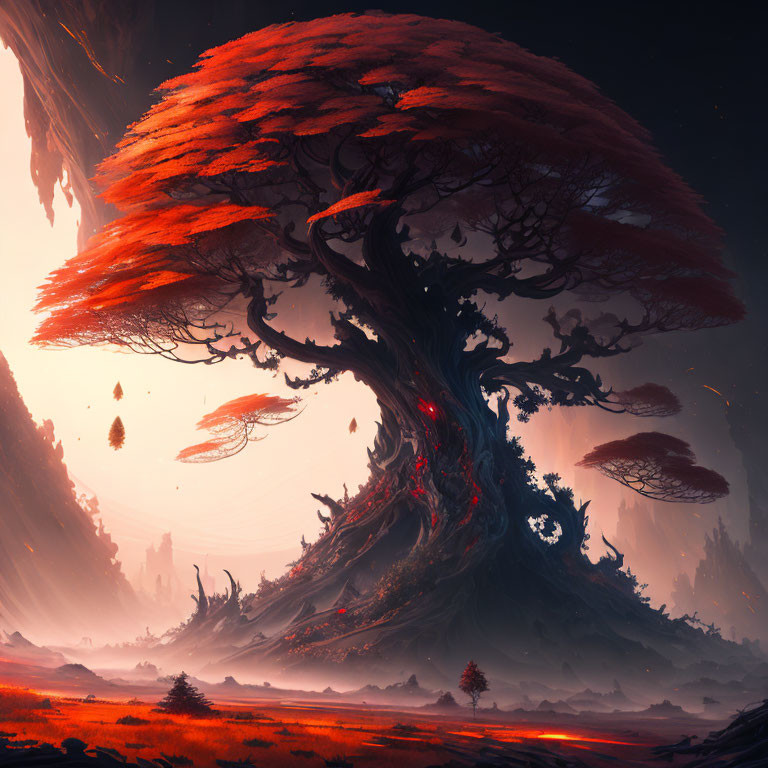 Gigantic fantasy tree with red leaves and floating rocks in dusky landscape