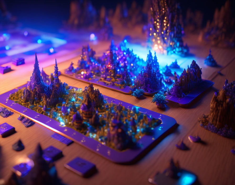 Miniature fantasy landscape on circuit board with blue and purple lights