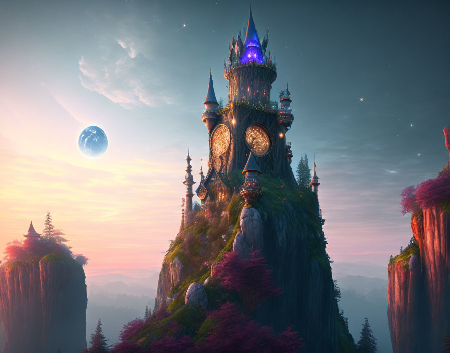 Enchanted castle with illuminated spires on cliff at twilight