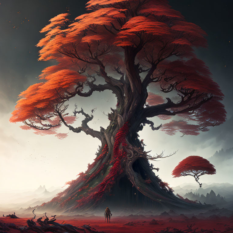 Solitary figure under vibrant red tree in misty landscape