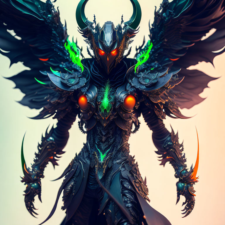 Majestic dark fantasy creature with red glowing eyes, black armor, feathered wings & green flames