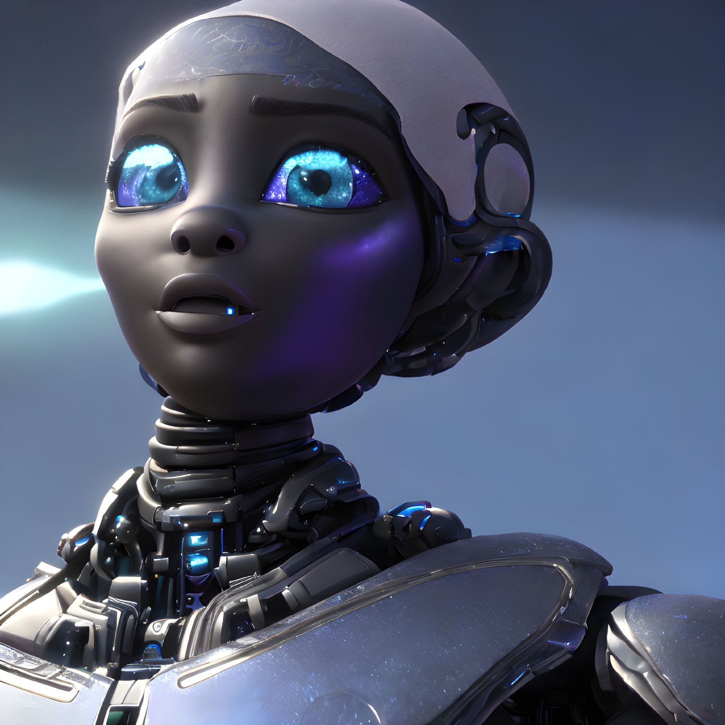 Detailed 3D-rendered humanoid robot with mechanical neck and blue eyes