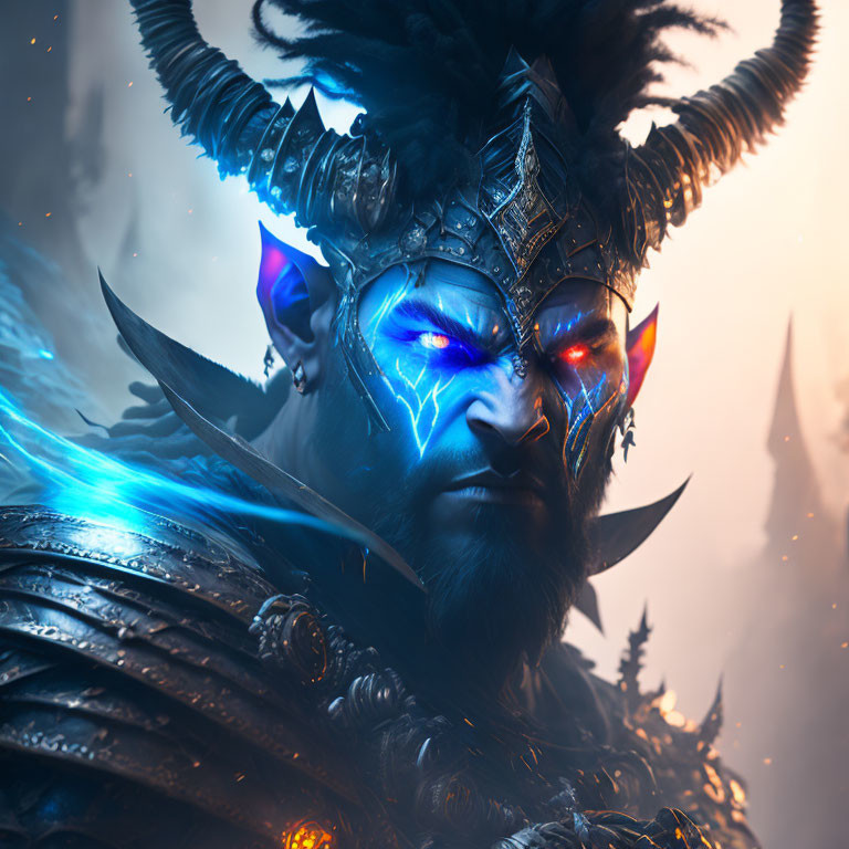 Fantasy character digital artwork with glowing blue skin and large horns