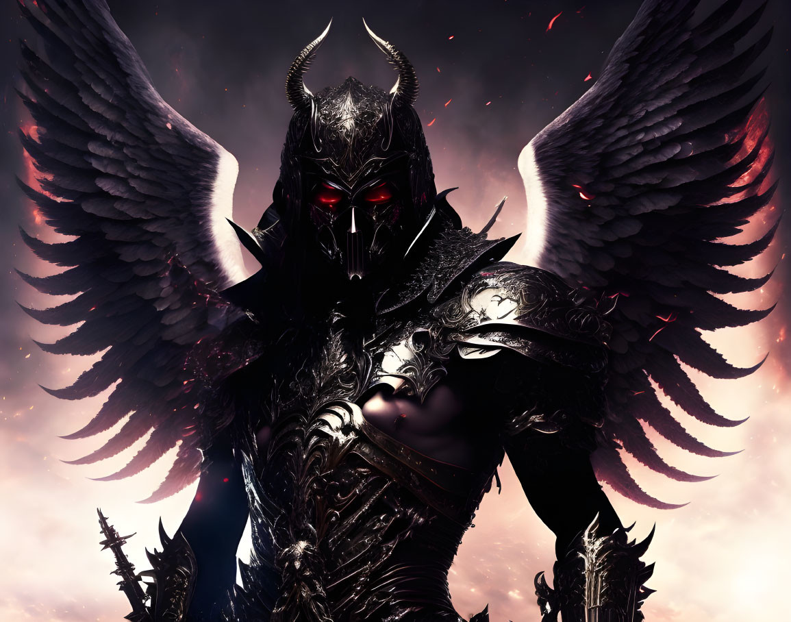 Sinister figure in black armor with horns and wings under red-eyed sky.