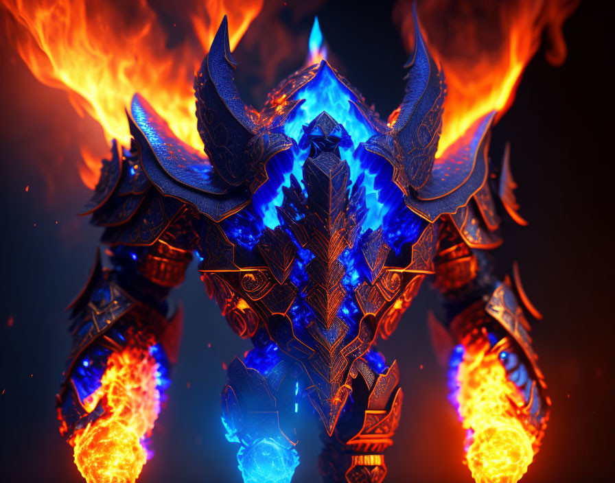 Fantasy-themed image of ornate blue and gold armor with glowing elements and fiery background