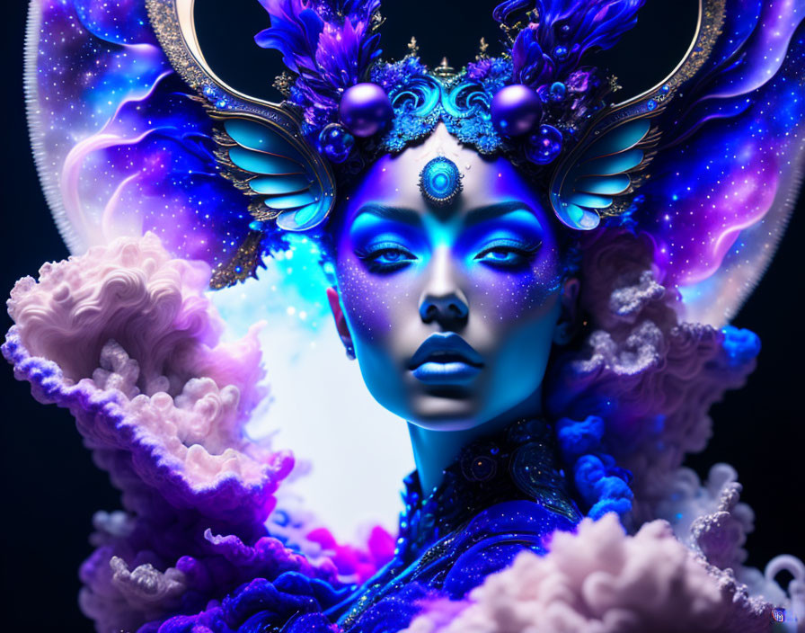 Fantasy artwork: Blue-skinned female figure with cosmic and floral motifs in ethereal cloud setting