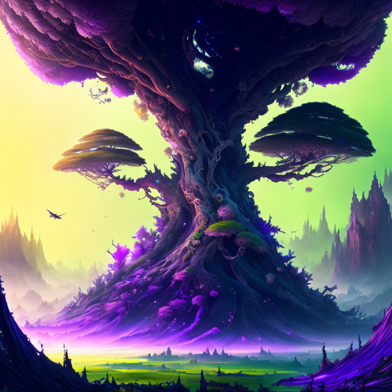 Enormous mystical tree in vibrant purple fantasy landscape