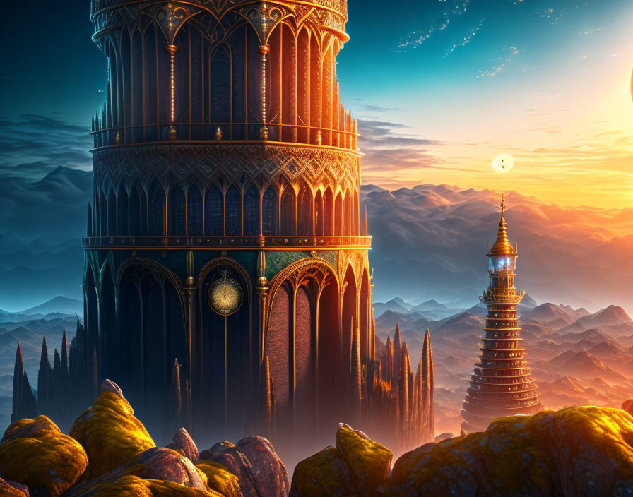 Fantasy landscape: sunset, towering spires, rocky terrain, misty mountains, small moon.