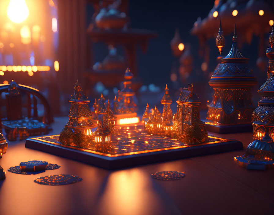 Intricate Illuminated Chess Set on Dark Background