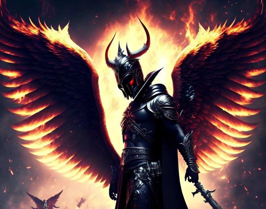 Dark-armored figure with fiery wings and horned helmet holding a sword against blazing backdrop