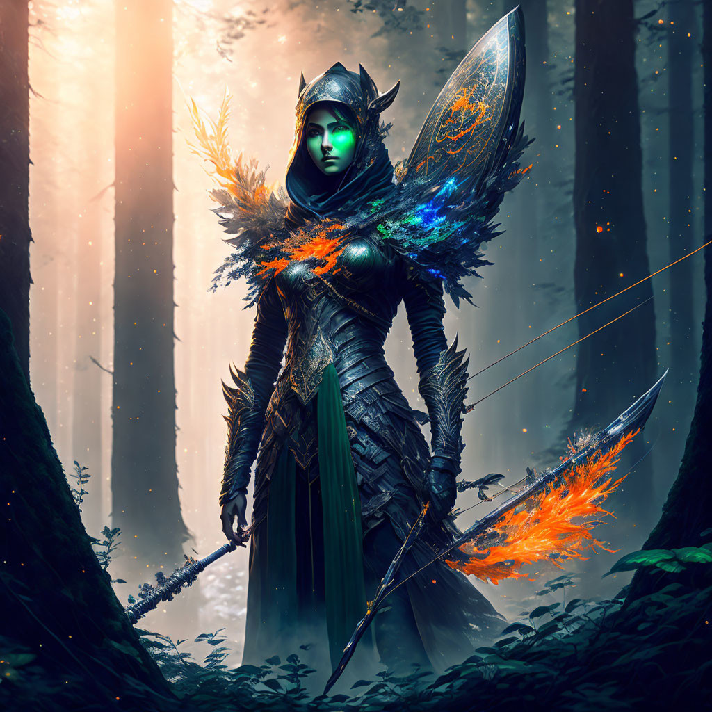 Armored warrior with green eyes in enchanted forest wields fiery sword and shield