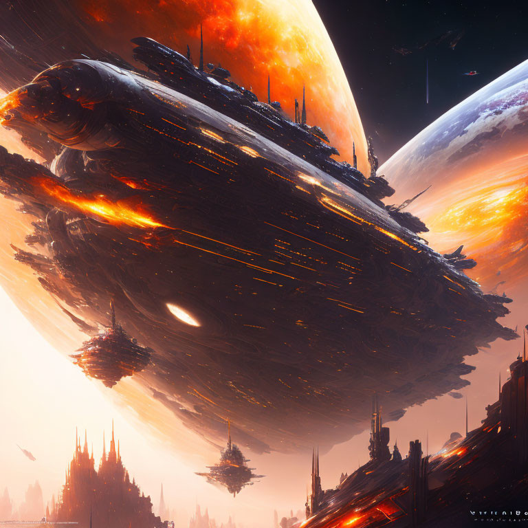 Futuristic cityscape with hovering spaceship and massive planets