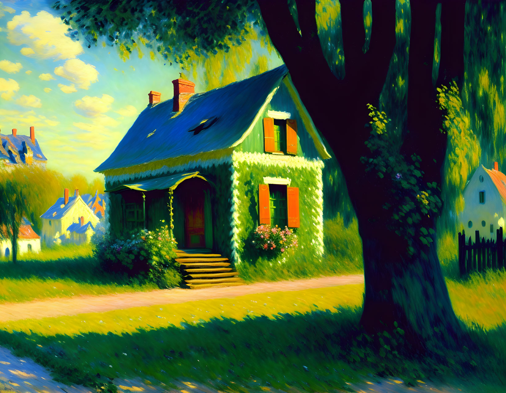 Quaint Cottage with Green Shutters in Rural Setting