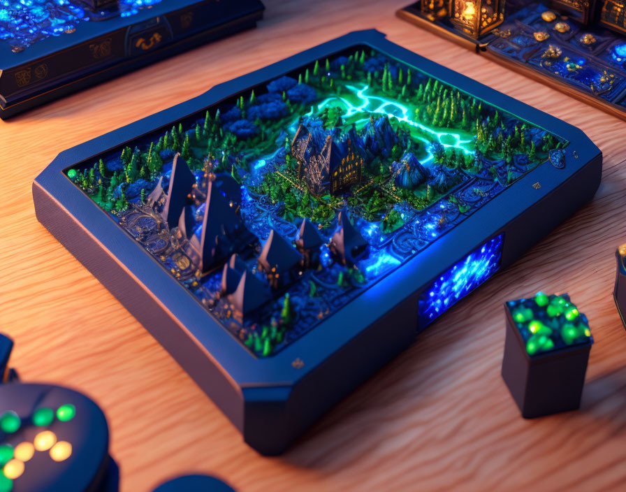 Detailed illuminated fantasy landscape in digital tablet frame on wooden desk with game pieces.