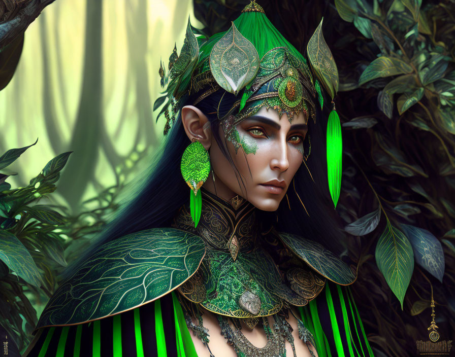 Digital artwork: Elf-like character with green hair, pointed ears, intricate armor in leafy setting