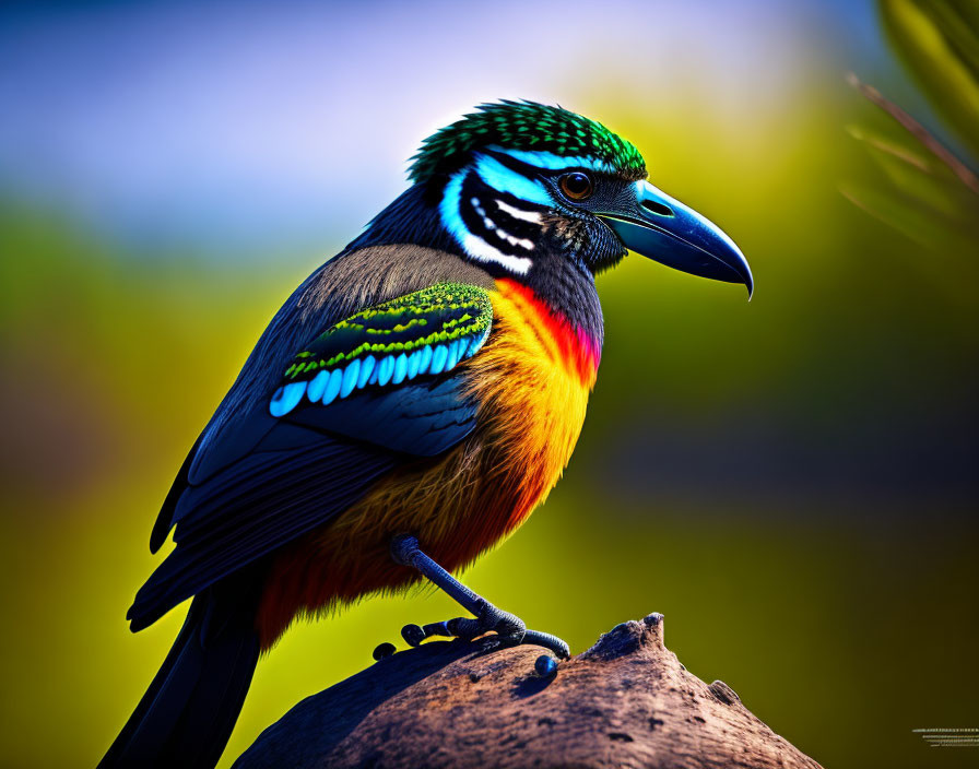 Colorful Bird with Blue-Green Head and Black Beak Perched on Branch