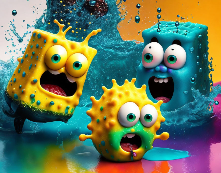 Vibrant image of three whimsical sponge-like creatures in colorful liquid