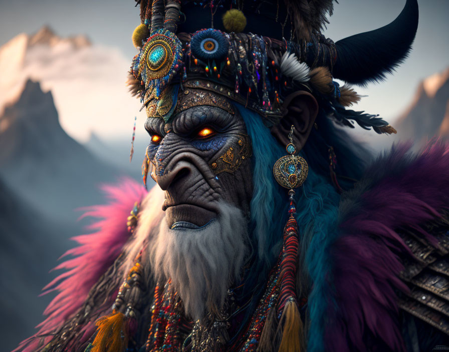 Fantasy creature with bovine features in tribal jewelry and feathers on mountain backdrop