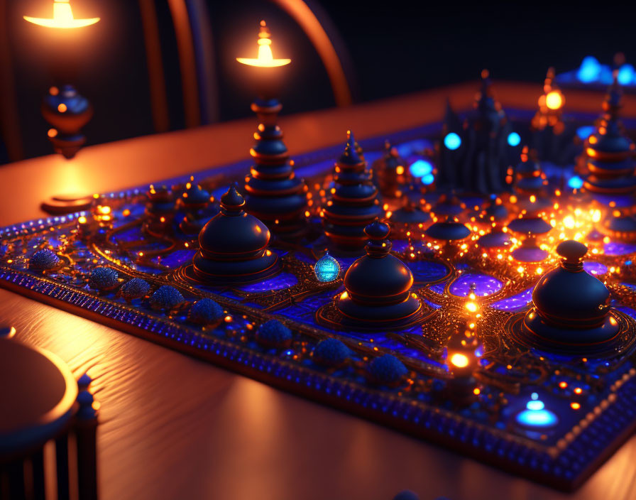 Futuristic illuminated chess set with ornate pieces in blue and orange lights