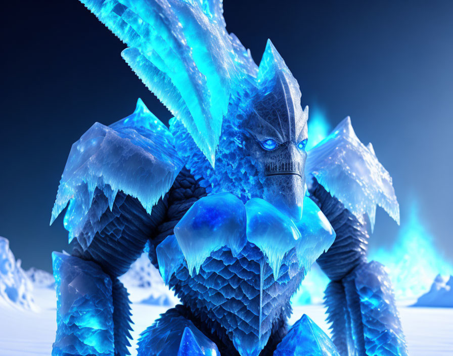 Menacing ice creature with sharp crystals in wintry landscape