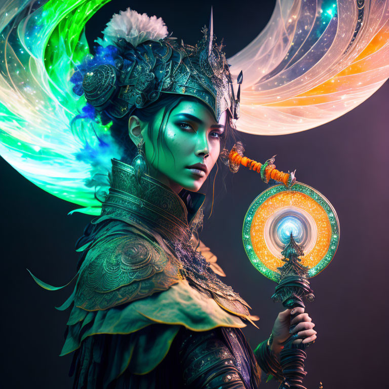 Fantasy-themed digital artwork of woman in elaborate armor with glowing staff