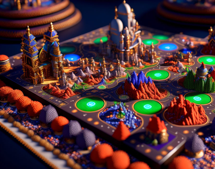 Detailed 3D render of a colorful strategic board game in a fantastical landscape