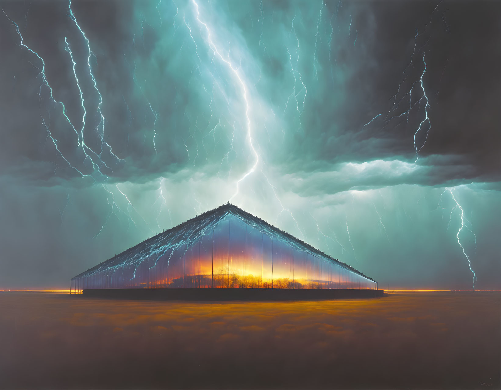 Pyramid under dramatic thunderstorm with lightning strikes