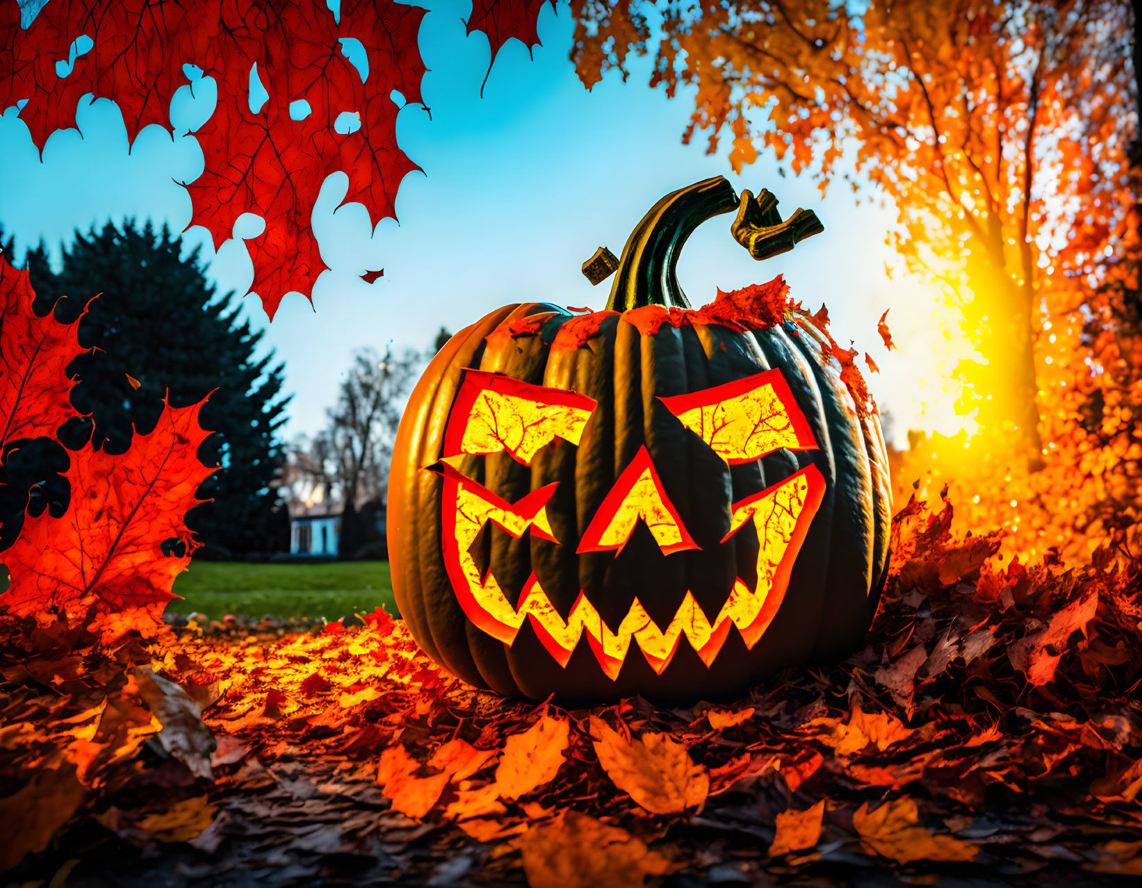 Glowing Jack-o'-lantern Among Autumn Leaves and Trees at Twilight