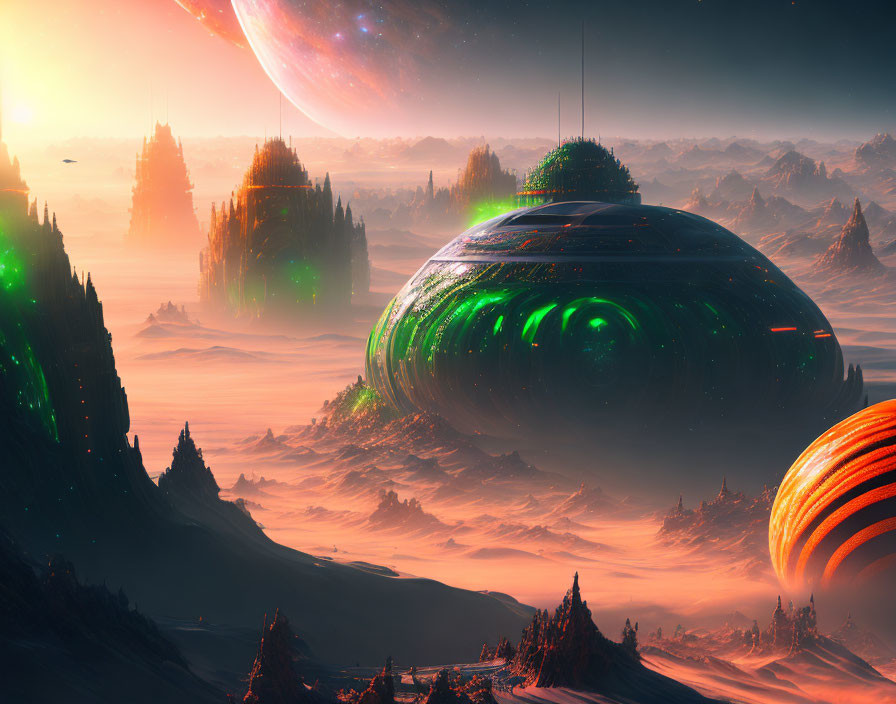 Futuristic landscape with massive structures on red terrain under planetary sky